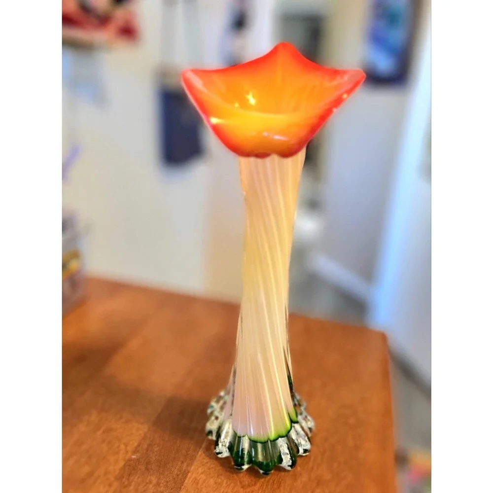 Mid Century Murano Style Blown Glass Art Vase Orange Yellow Jack In The Pulpit